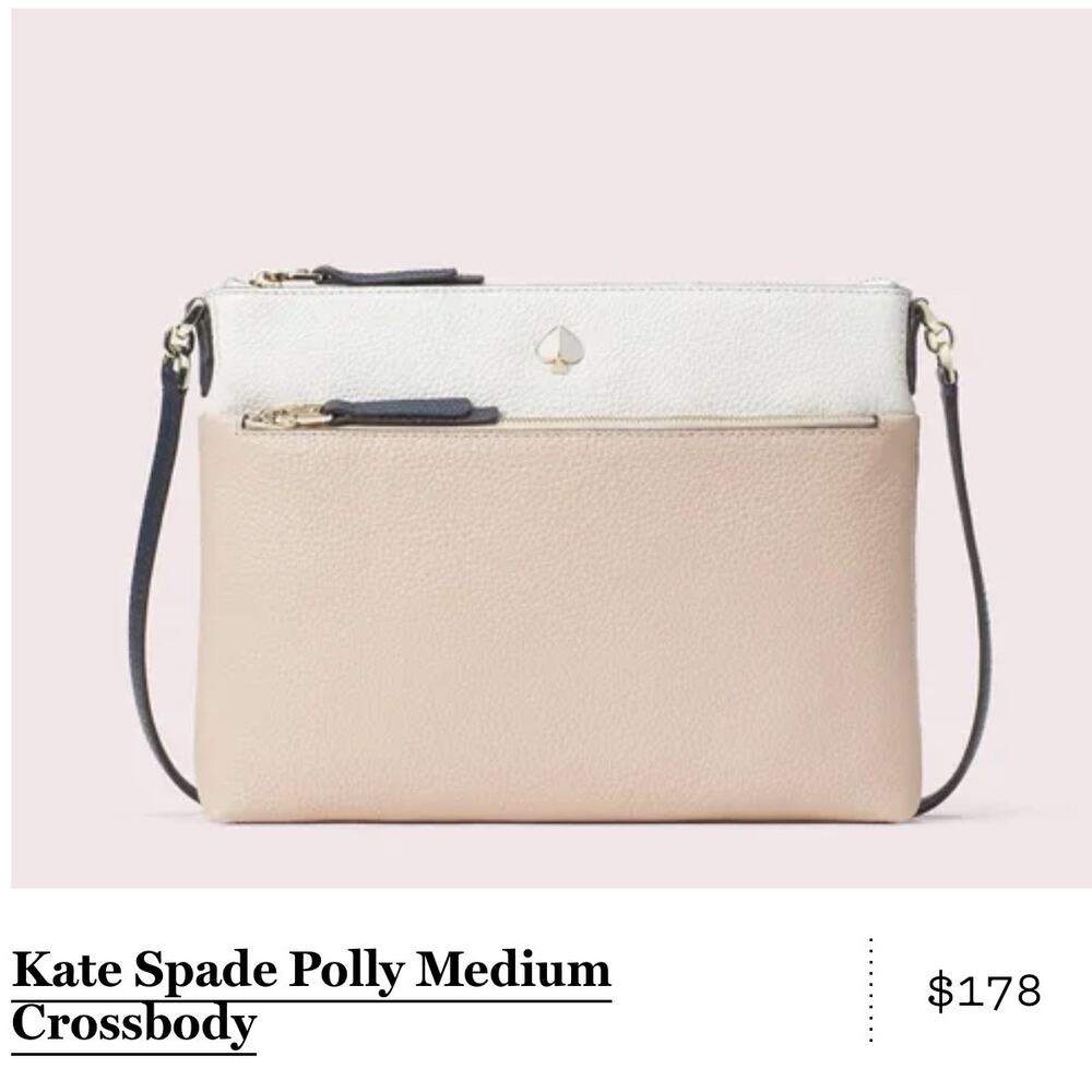 Kate‎ Spade Polly Medium Crossbody Bag Pebbled Leather Blush White Navy Strap